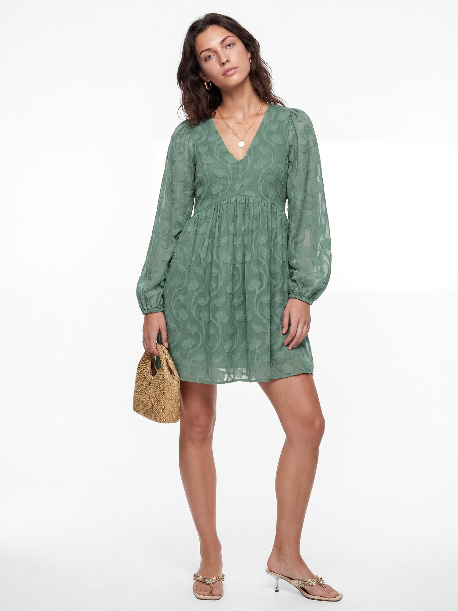 Lovedrobe Sea Green Long Sleeve Floral Burnout Mini Dress