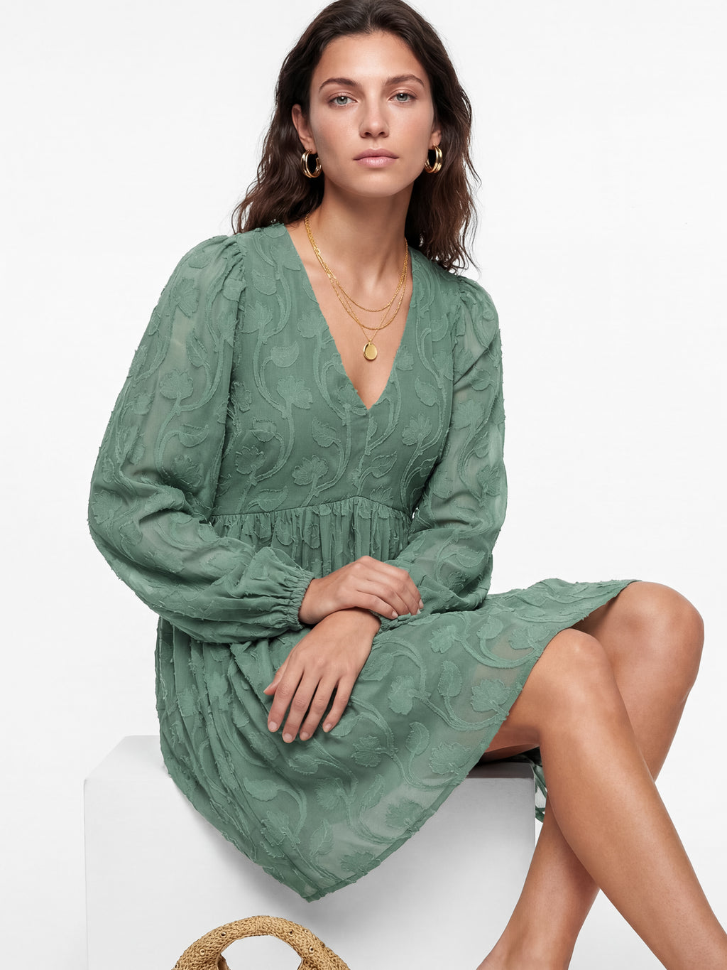 Lovedrobe Sea Green Long Sleeve Floral Burnout Mini Dress