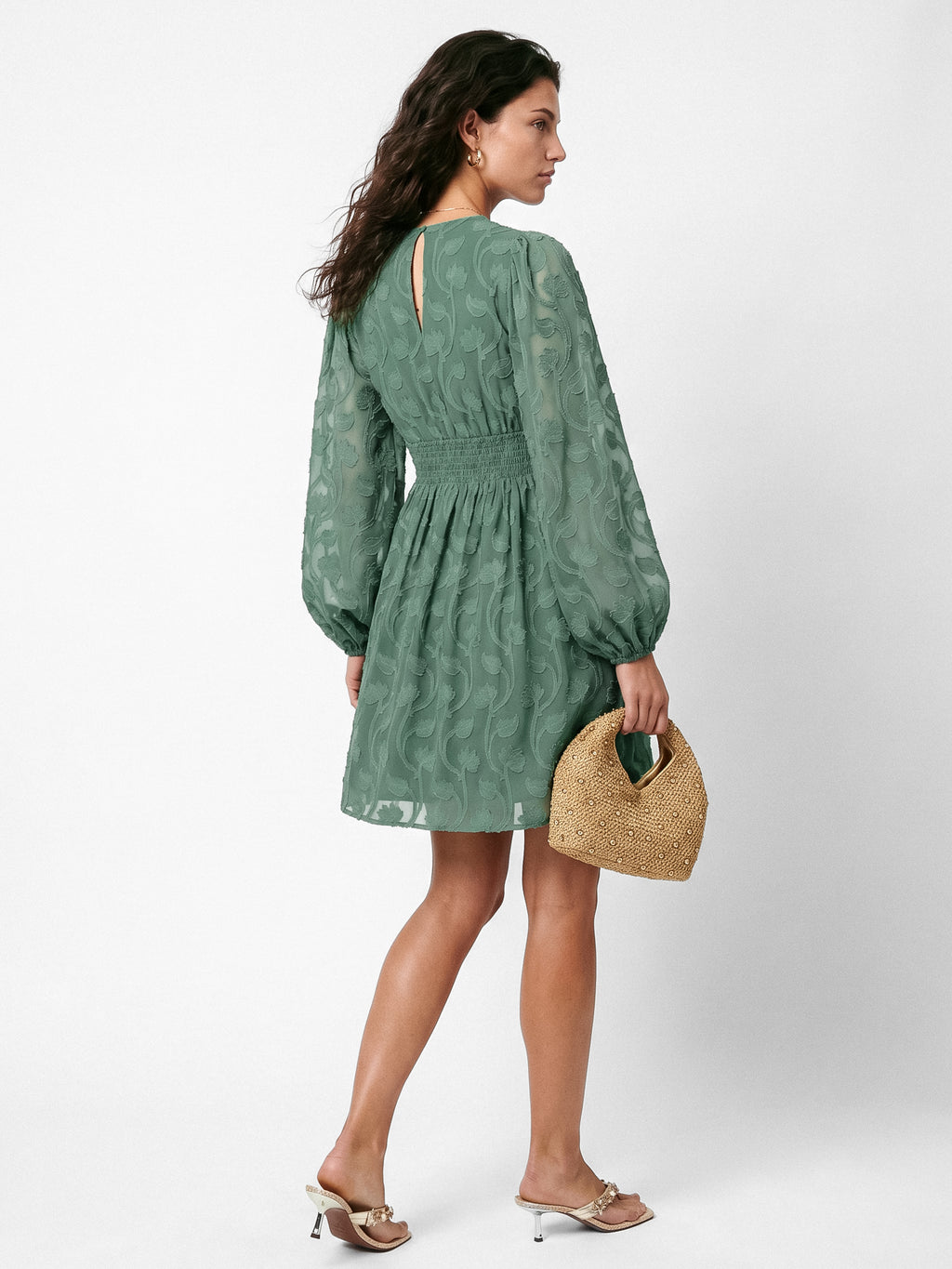 Lovedrobe Sea Green Long Sleeve Floral Burnout Mini Dress