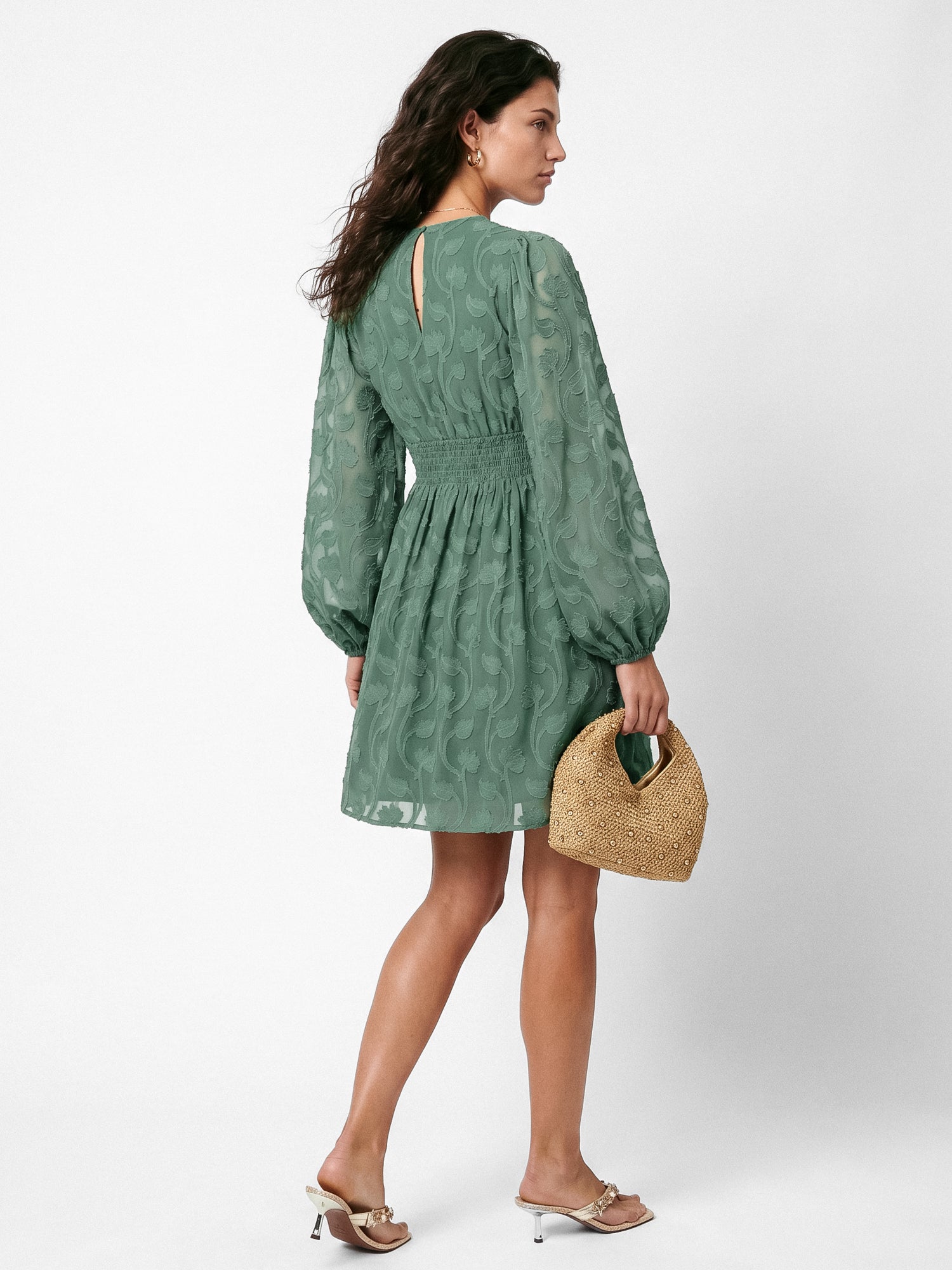 Lovedrobe Sea Green Long Sleeve Floral Burnout Mini Dress
