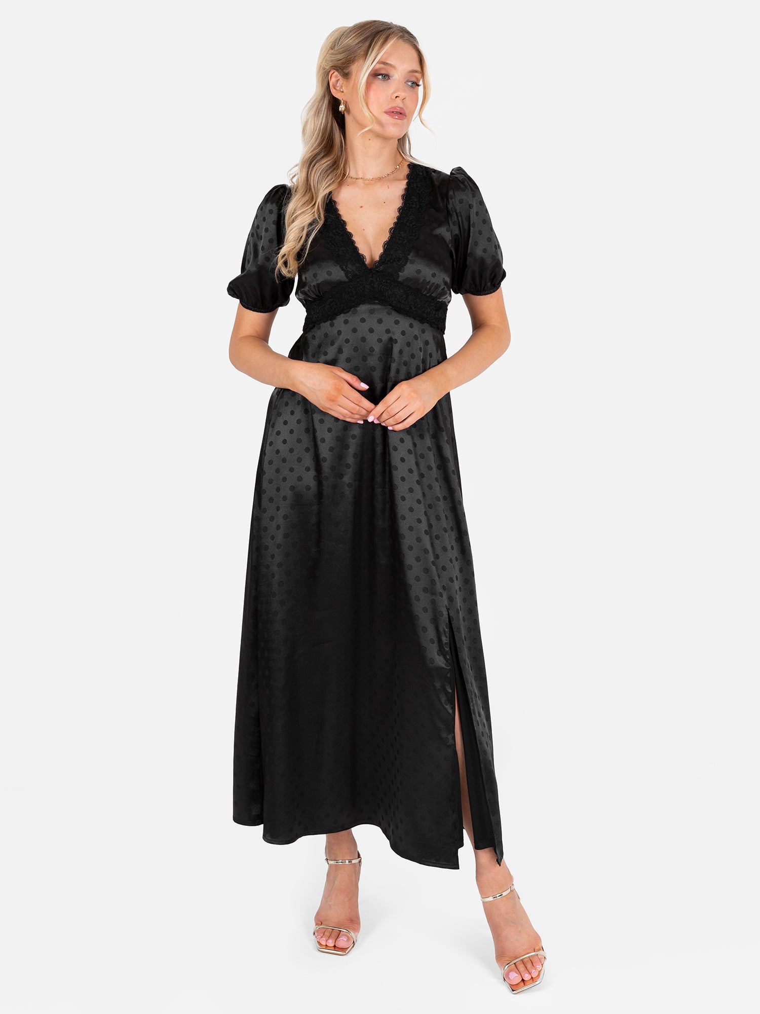 Lovedrobe Black Polka Dot V Neck Midaxi Dress with Lace Trim