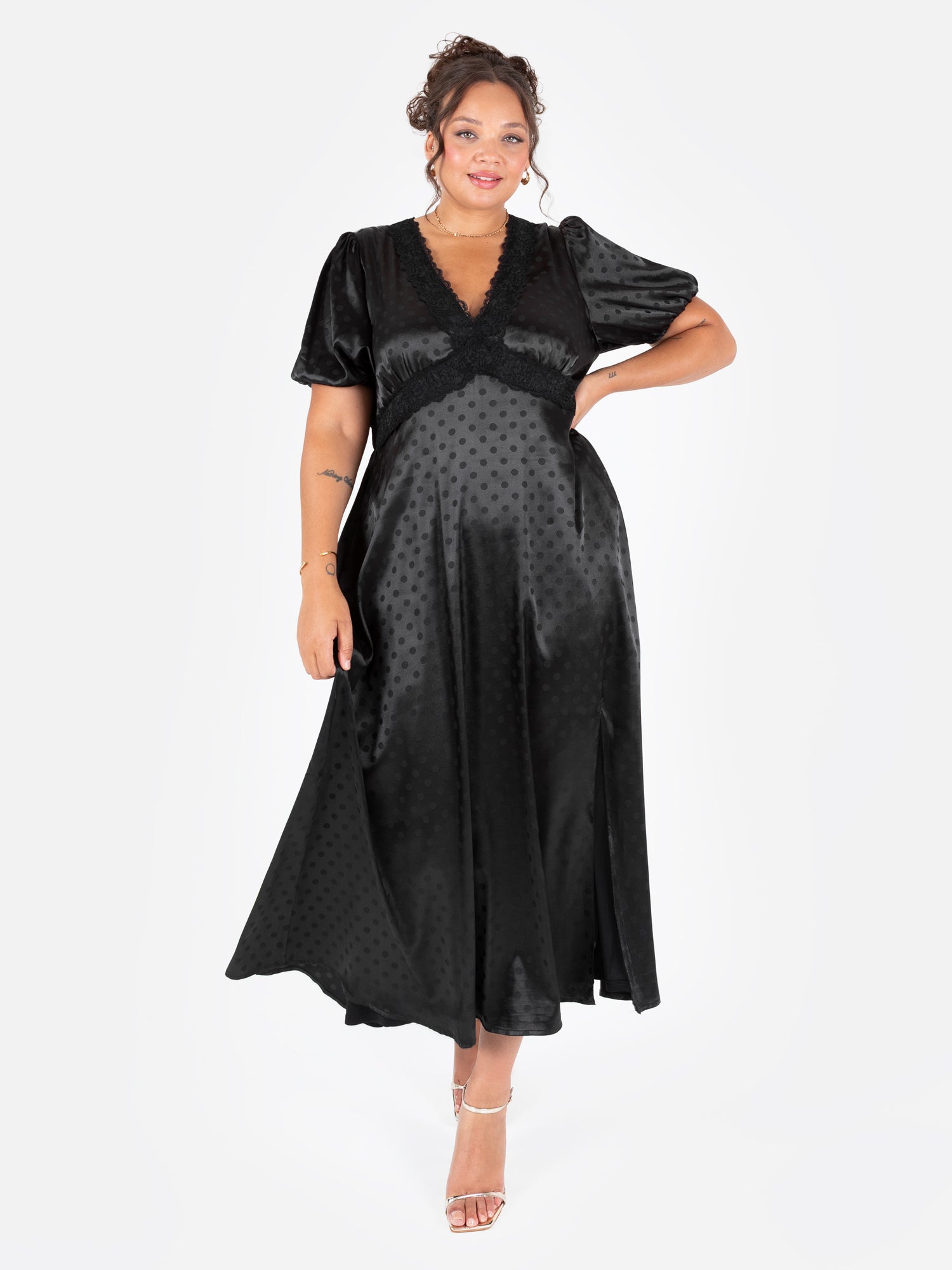 Lovedrobe Black Polka Dot V Neck Midaxi Dress with Lace Trim