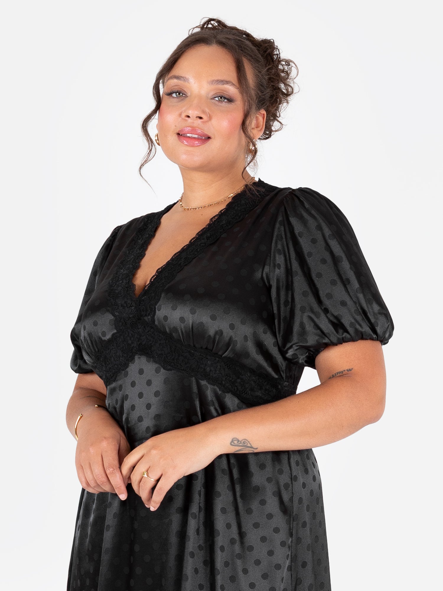 Lovedrobe Black Polka Dot V Neck Midaxi Dress with Lace Trim