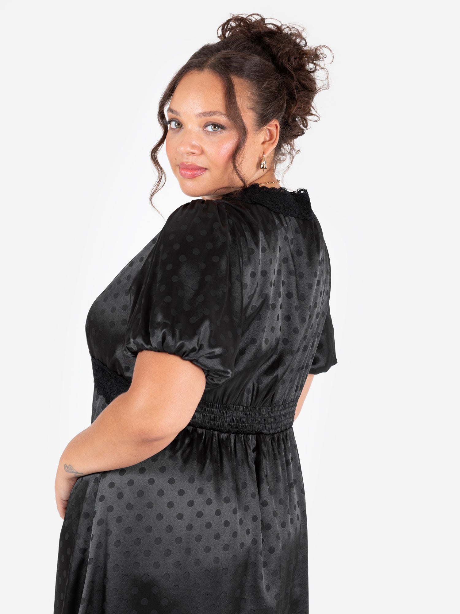Lovedrobe Black Polka Dot V Neck Midaxi Dress with Lace Trim