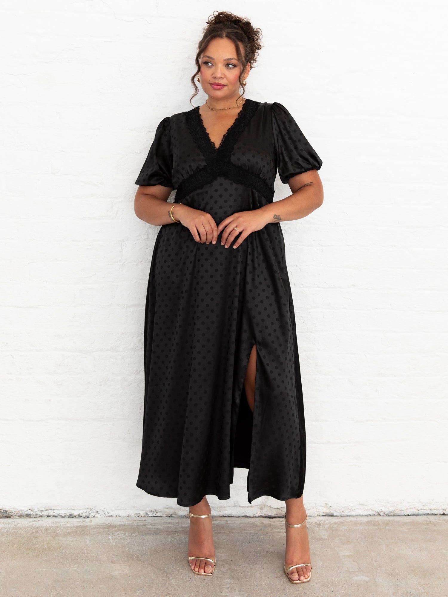 Lovedrobe Black Polka Dot V Neck Midaxi Dress with Lace Trim