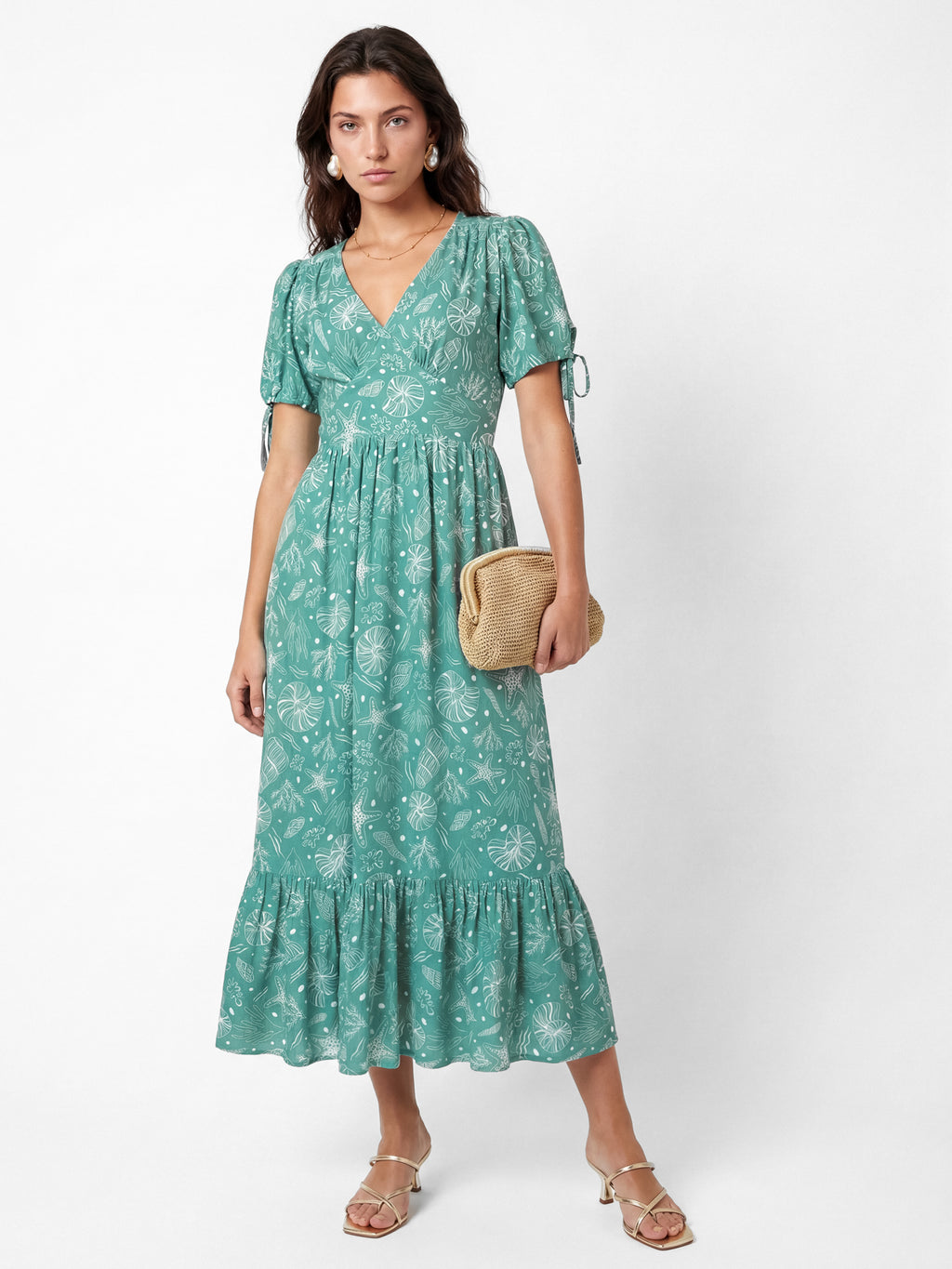 Lovedrobe Seashell Print Short Sleeve Open Back Midaxi Dress
