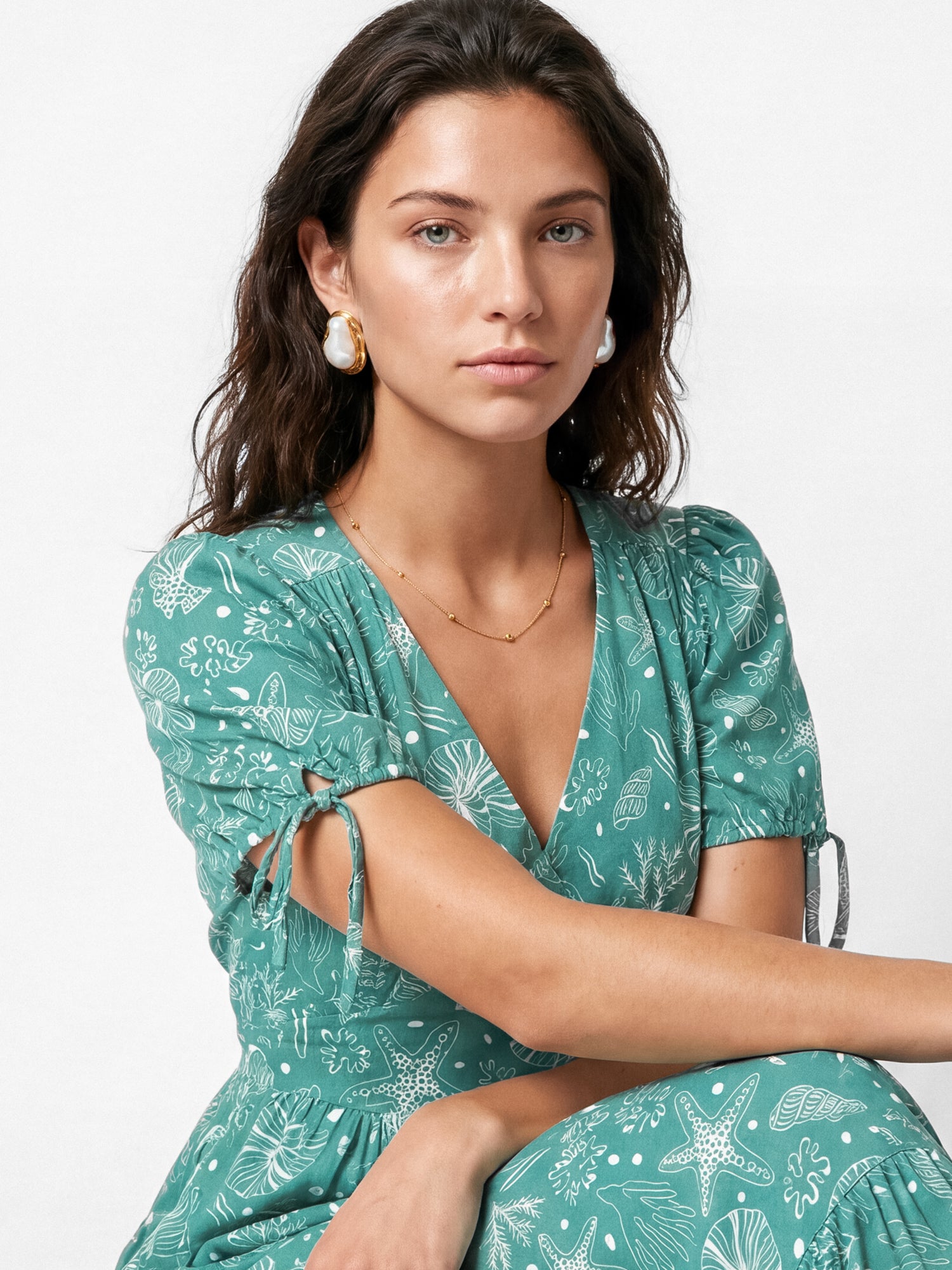 Lovedrobe Seashell Print Short Sleeve Open Back Midaxi Dress