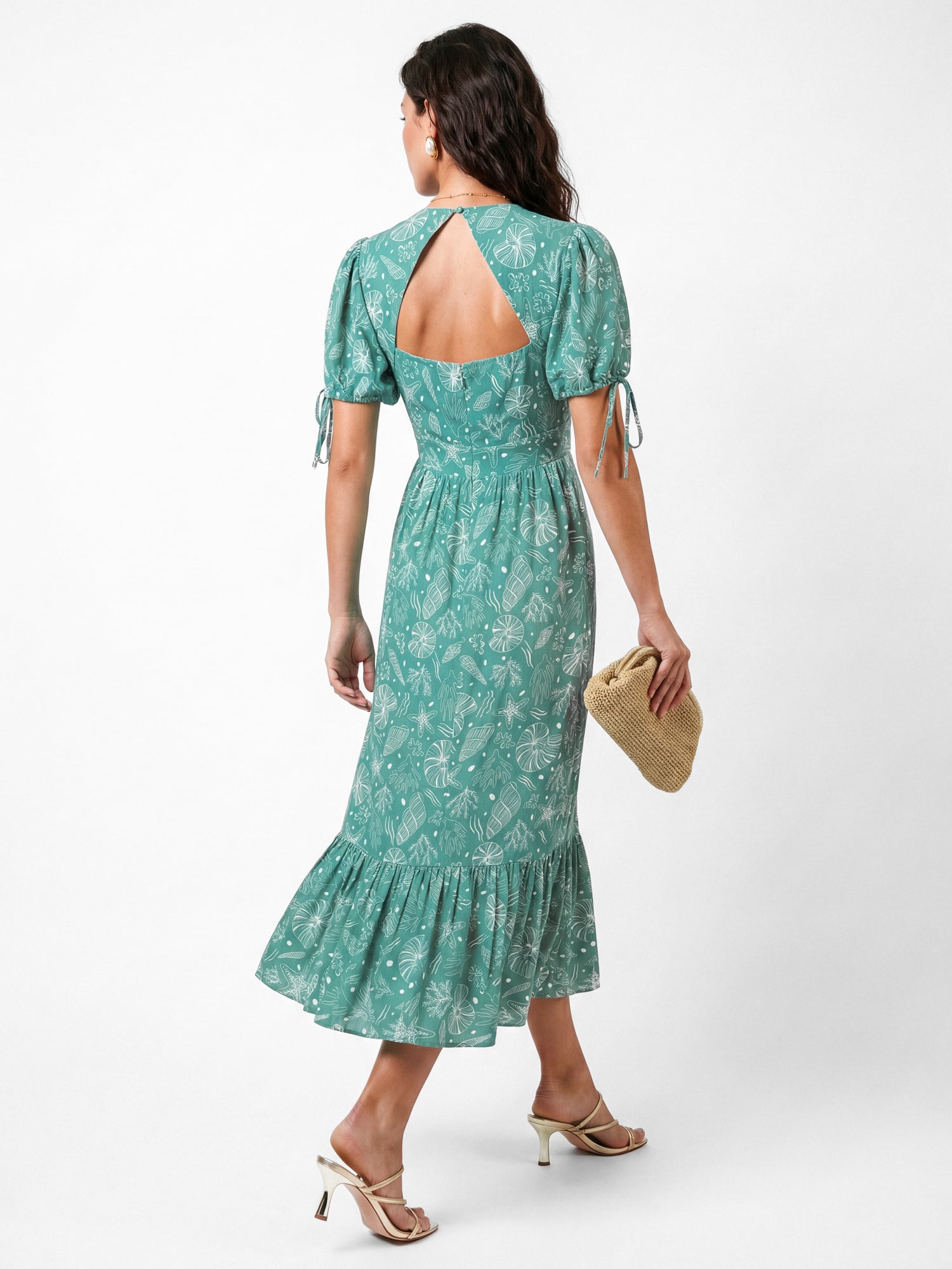 Lovedrobe Seashell Print Short Sleeve Open Back Midaxi Dress