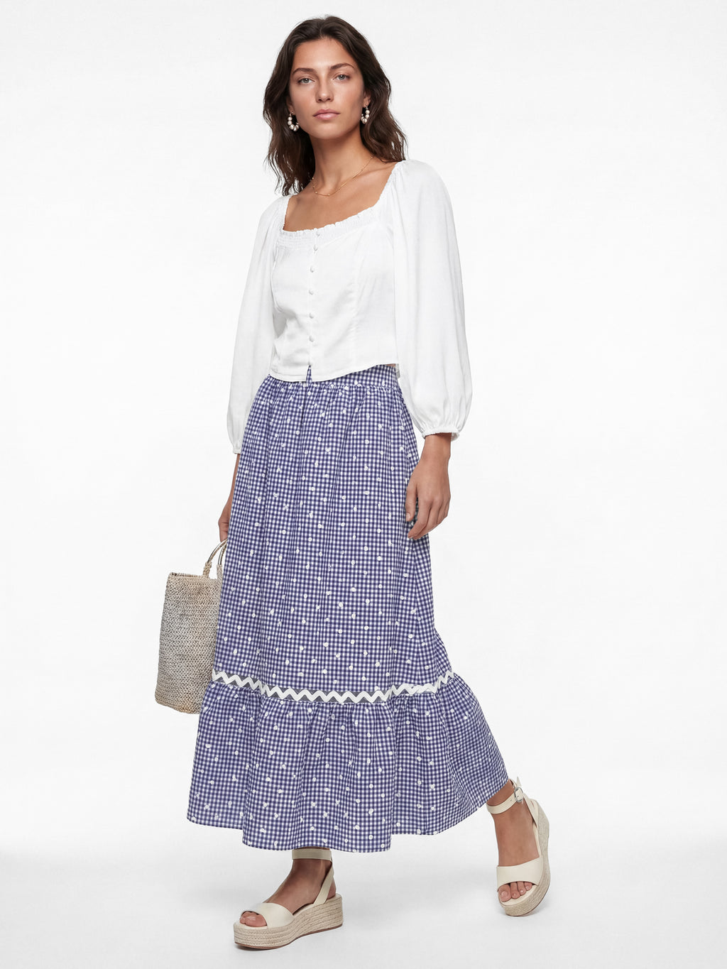 Lovedrobe Blue Gingham & Polka Dot Midi Skirt