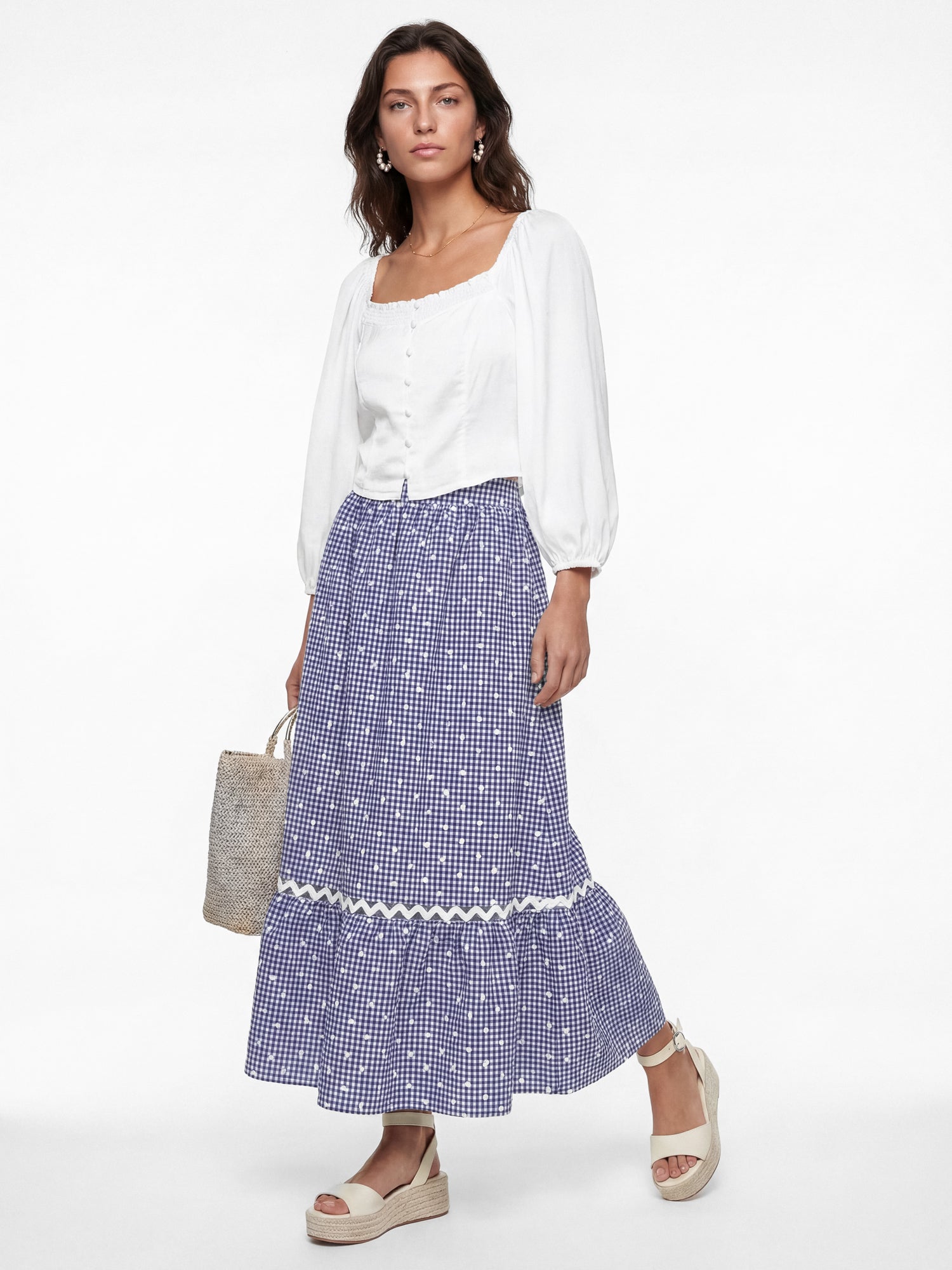 Lovedrobe Blue Gingham & Polka Dot Midi Skirt