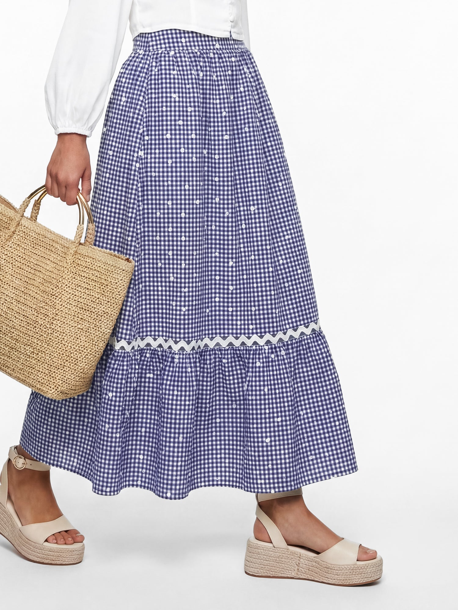 Lovedrobe Blue Gingham & Polka Dot Midi Skirt