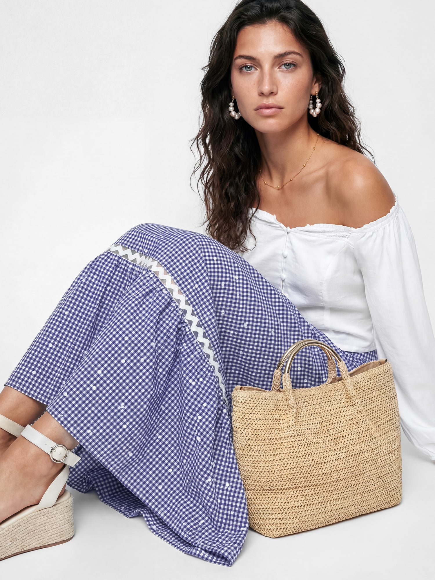 Lovedrobe Blue Gingham & Polka Dot Midi Skirt