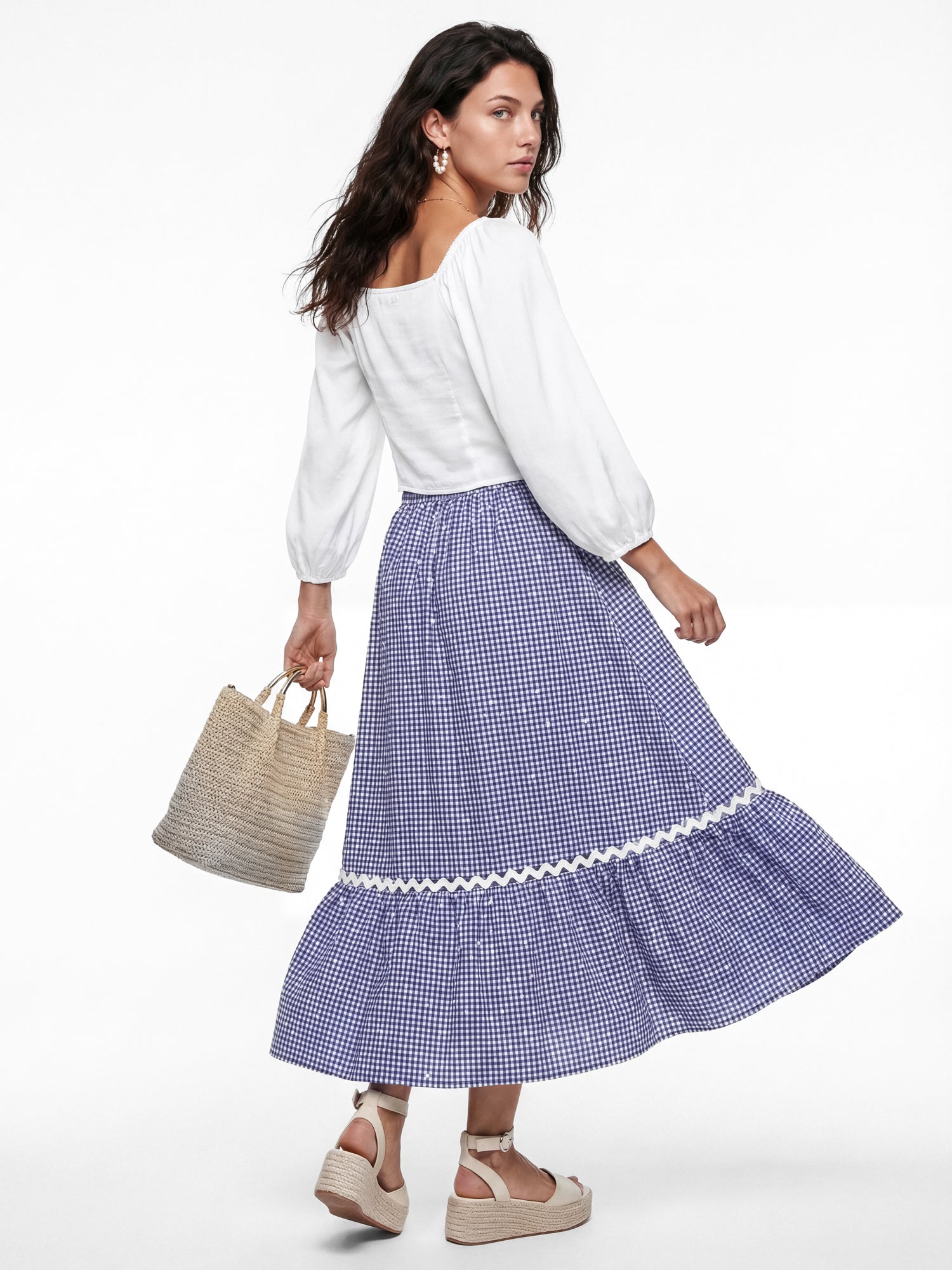Lovedrobe Blue Gingham & Polka Dot Midi Skirt