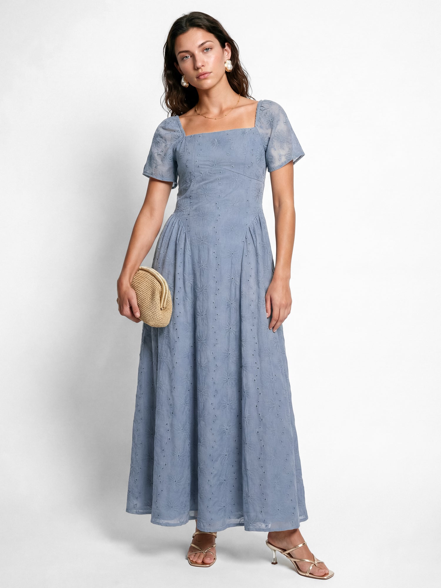 Lovedrobe Dusty Blue Broderie Angel Sleeve Maxi Dress