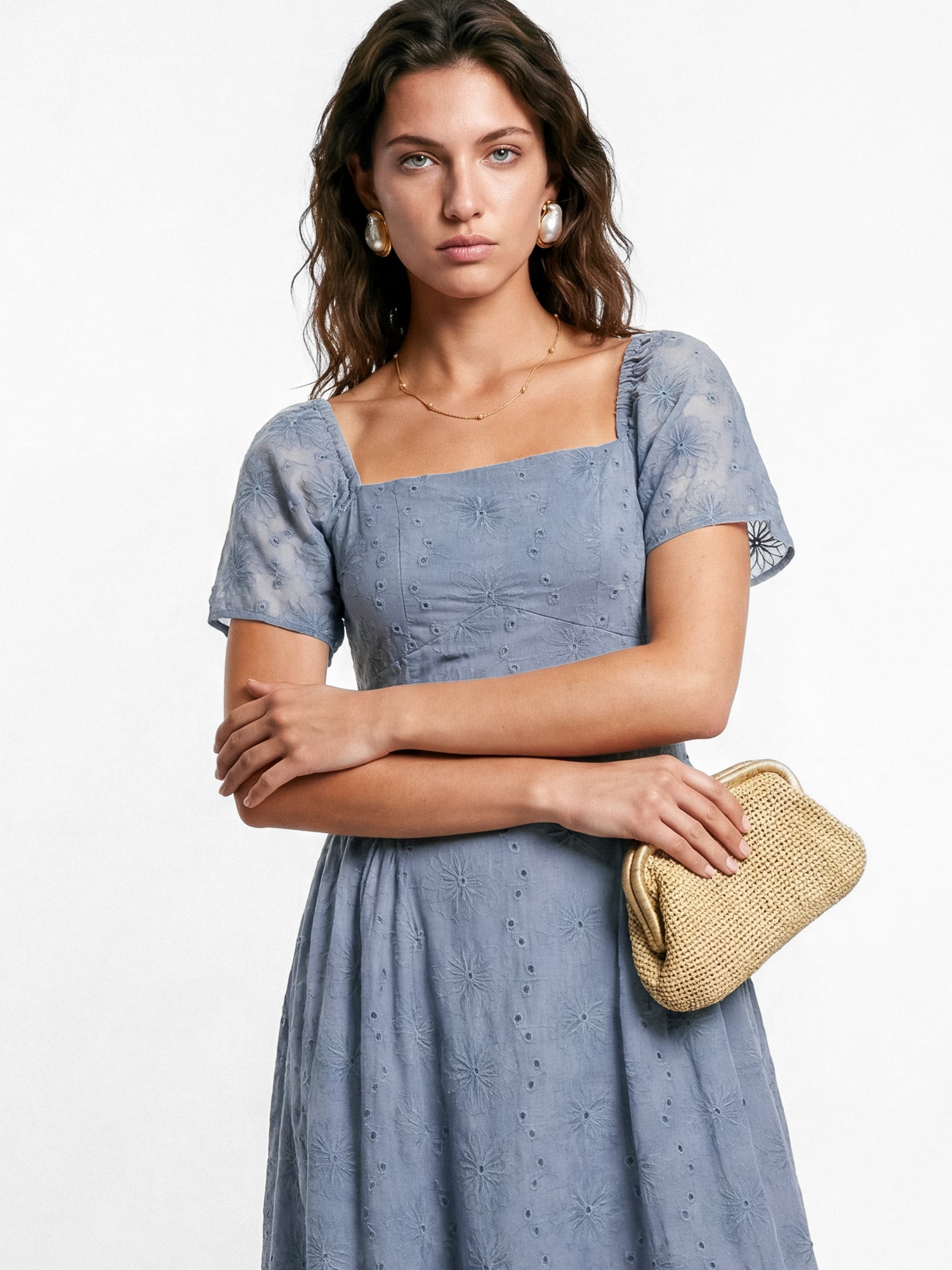 Lovedrobe Dusty Blue Broderie Angel Sleeve Maxi Dress