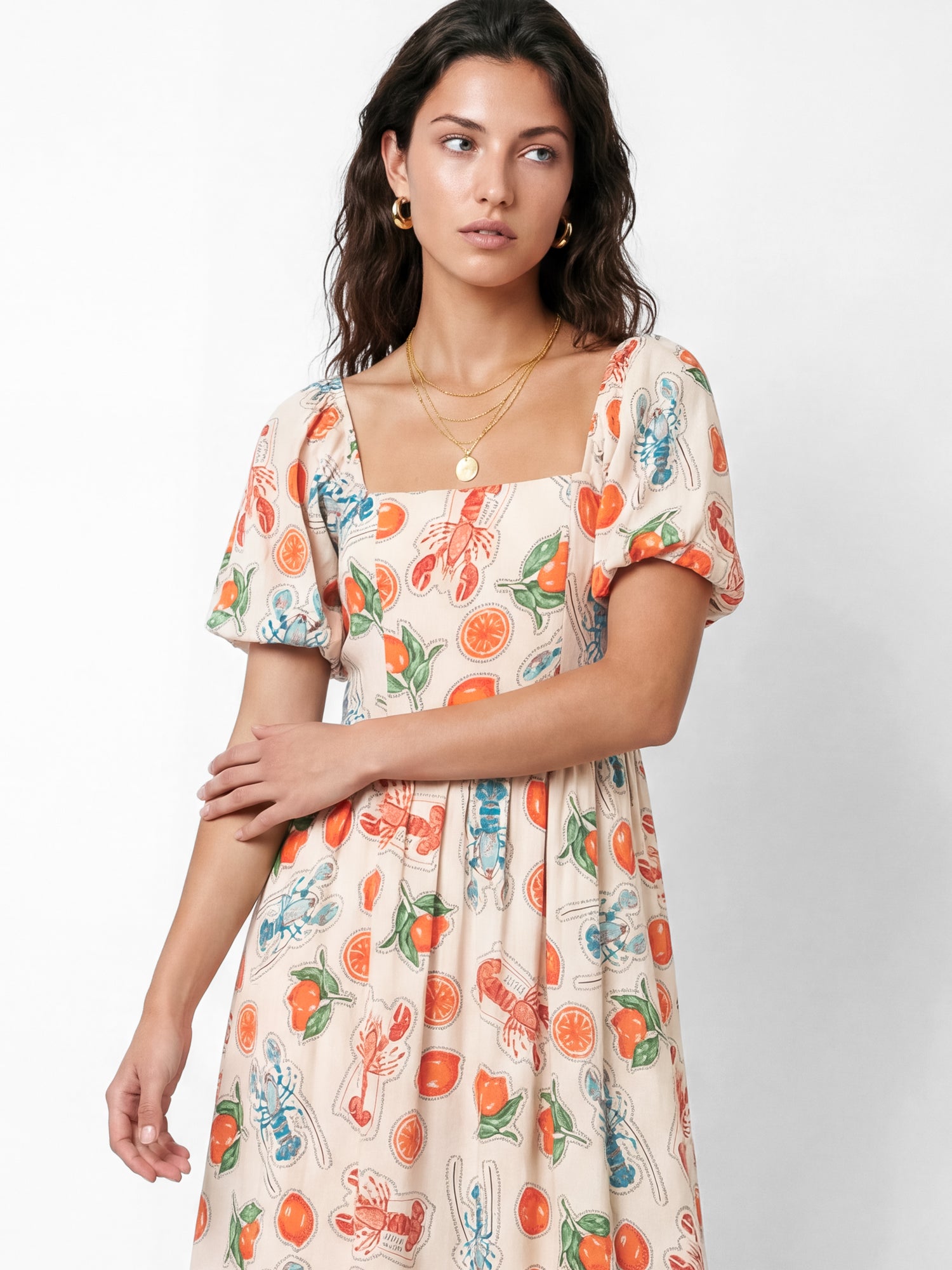 Lovedrobe Lobster & Citrus Print Short Sleeve Tie Back Midaxi Dress