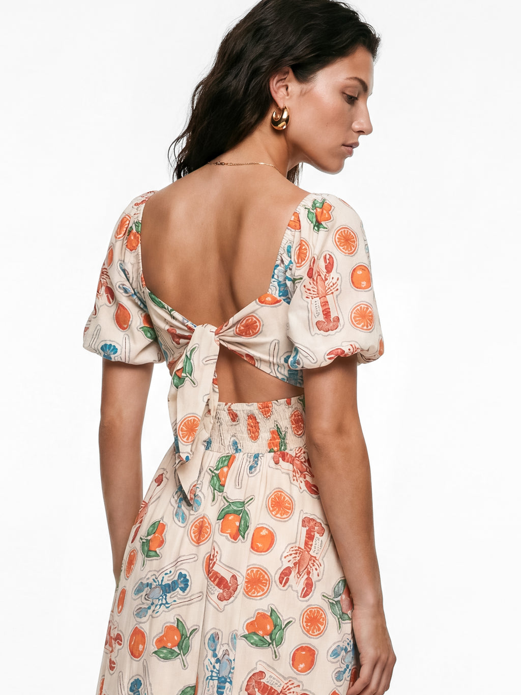 Lovedrobe Lobster & Citrus Print Short Sleeve Tie Back Midaxi Dress