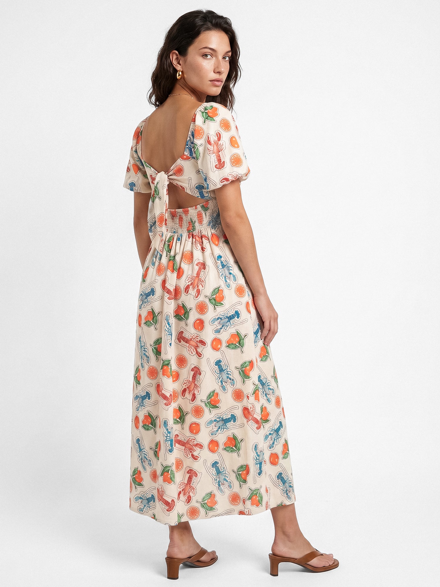 Lovedrobe Lobster & Citrus Print Short Sleeve Tie Back Midaxi Dress