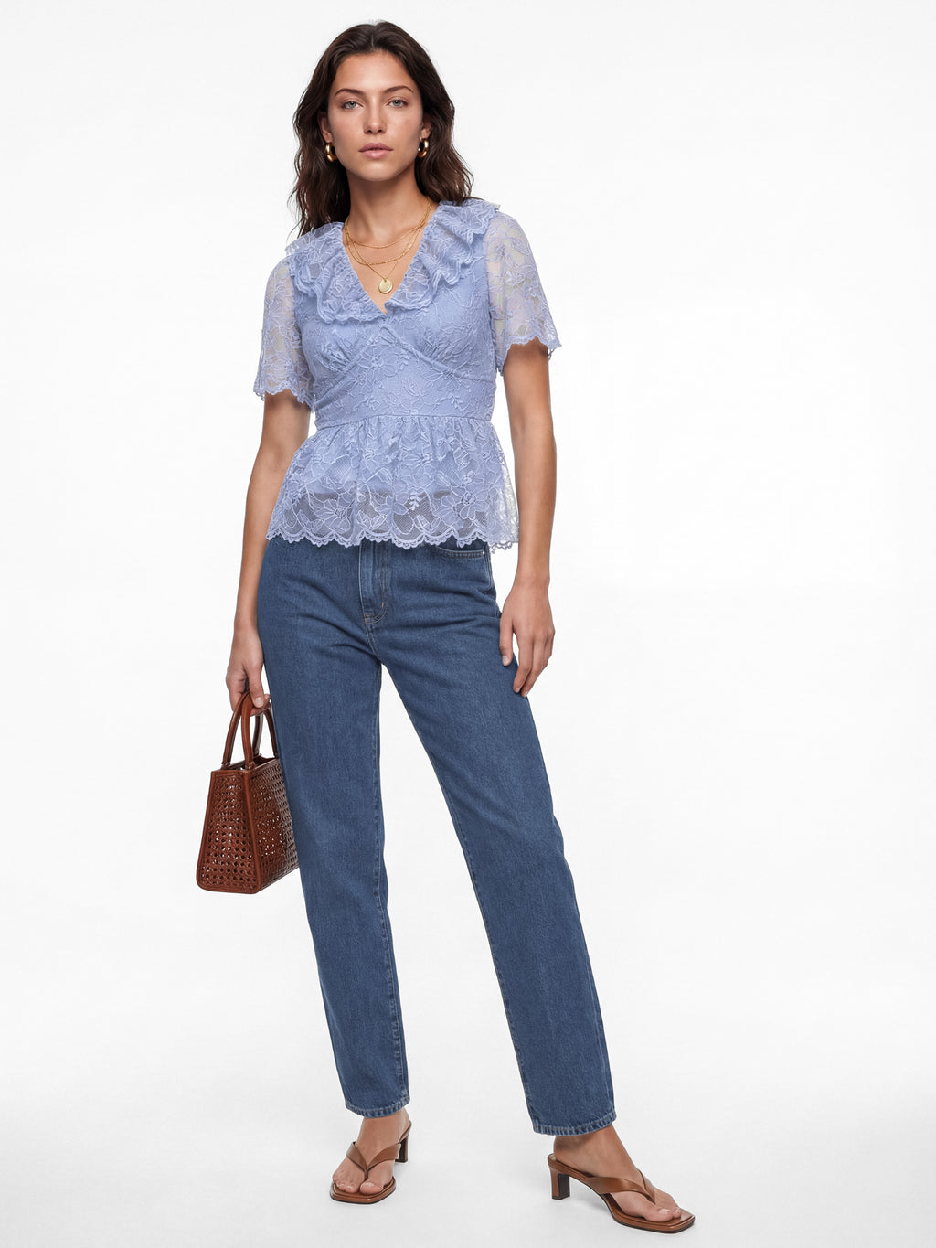 Lovedrobe Blue Lace Peplum Top with Frill Collar