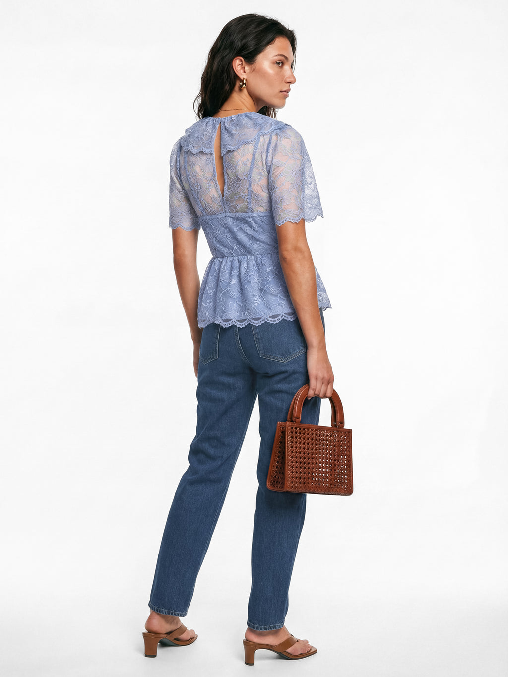 Lovedrobe Blue Lace Peplum Top with Frill Collar