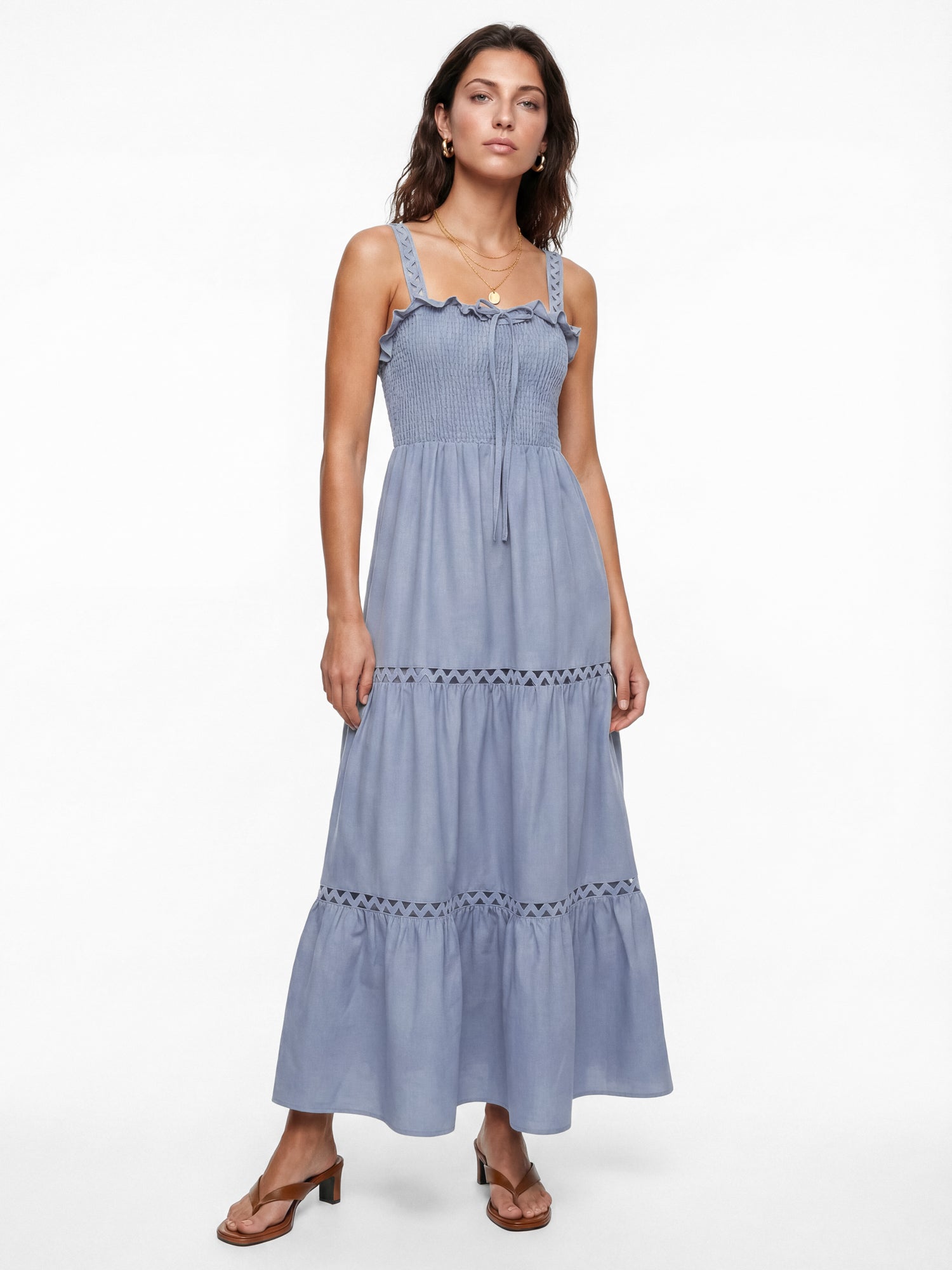Lovedrobe Dusty Blue Ric Rac Detail Tiered Midaxi Dress