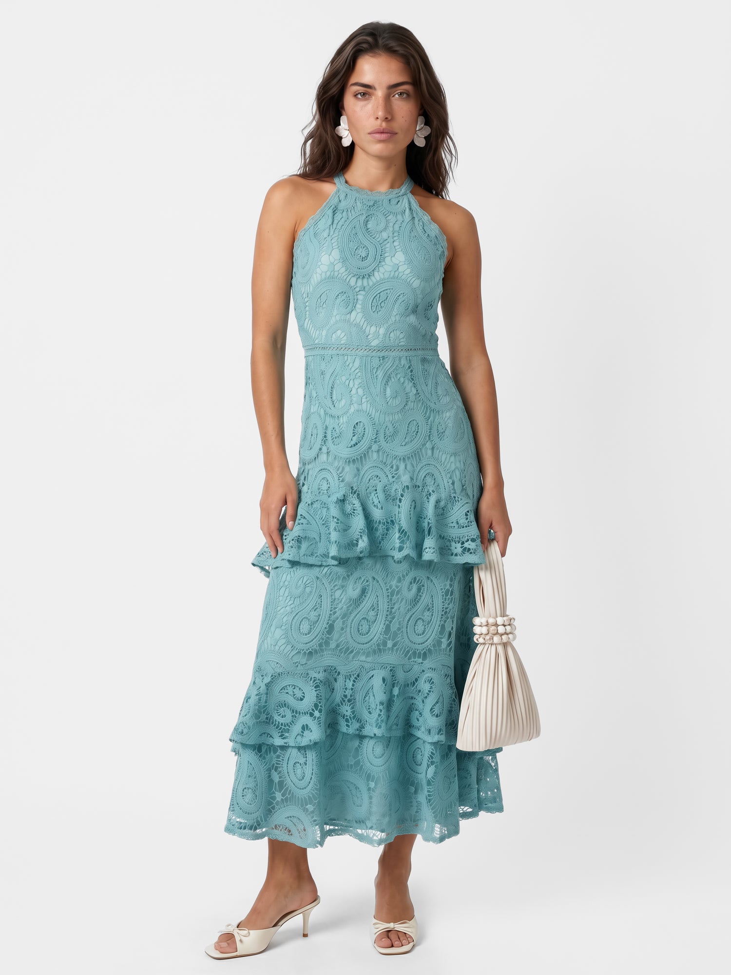 Maya Turquoise Paisley Lace Halter Neck Midaxi Dress