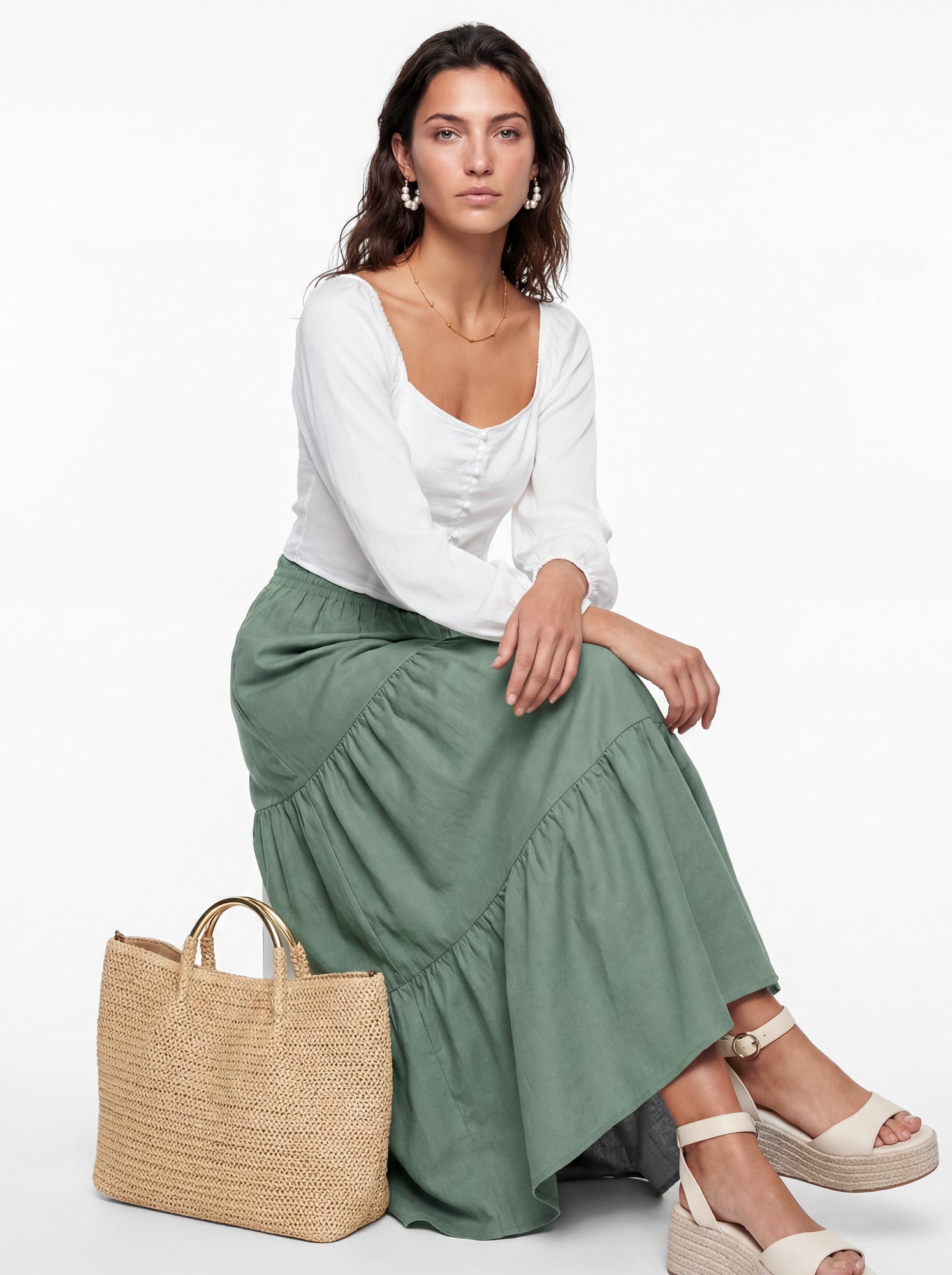 Lovedrobe Sea Green Shirred Waist Tiered Maxi Skirt Co-Ord