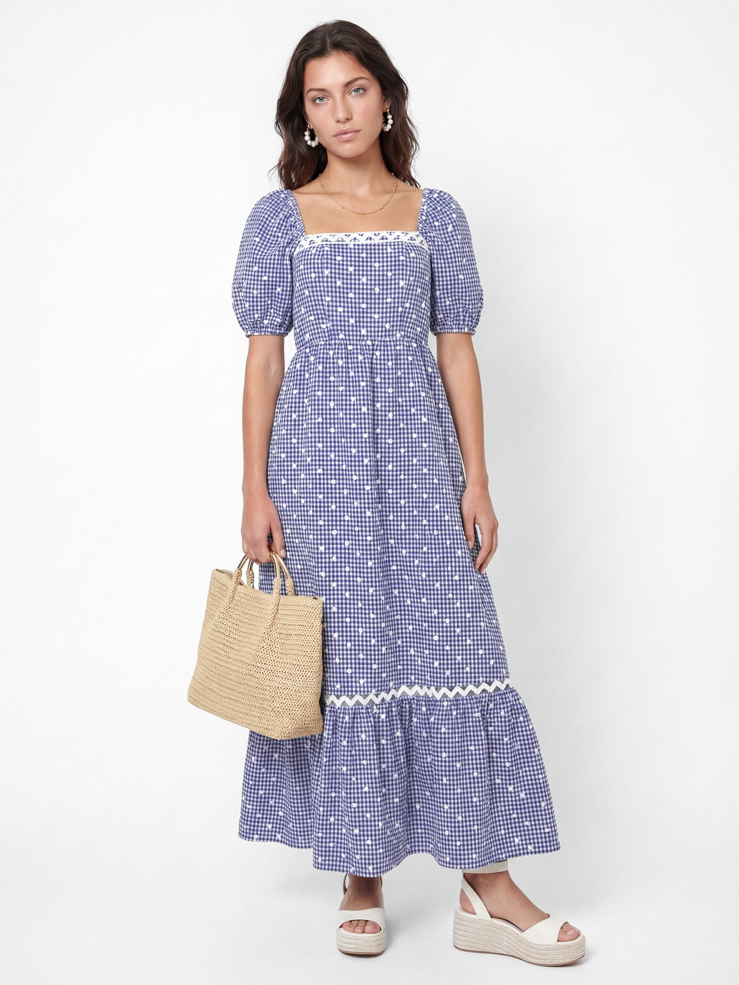 Lovedrobe Blue Gingham & Polka Dot Short Sleeve Midaxi Dress