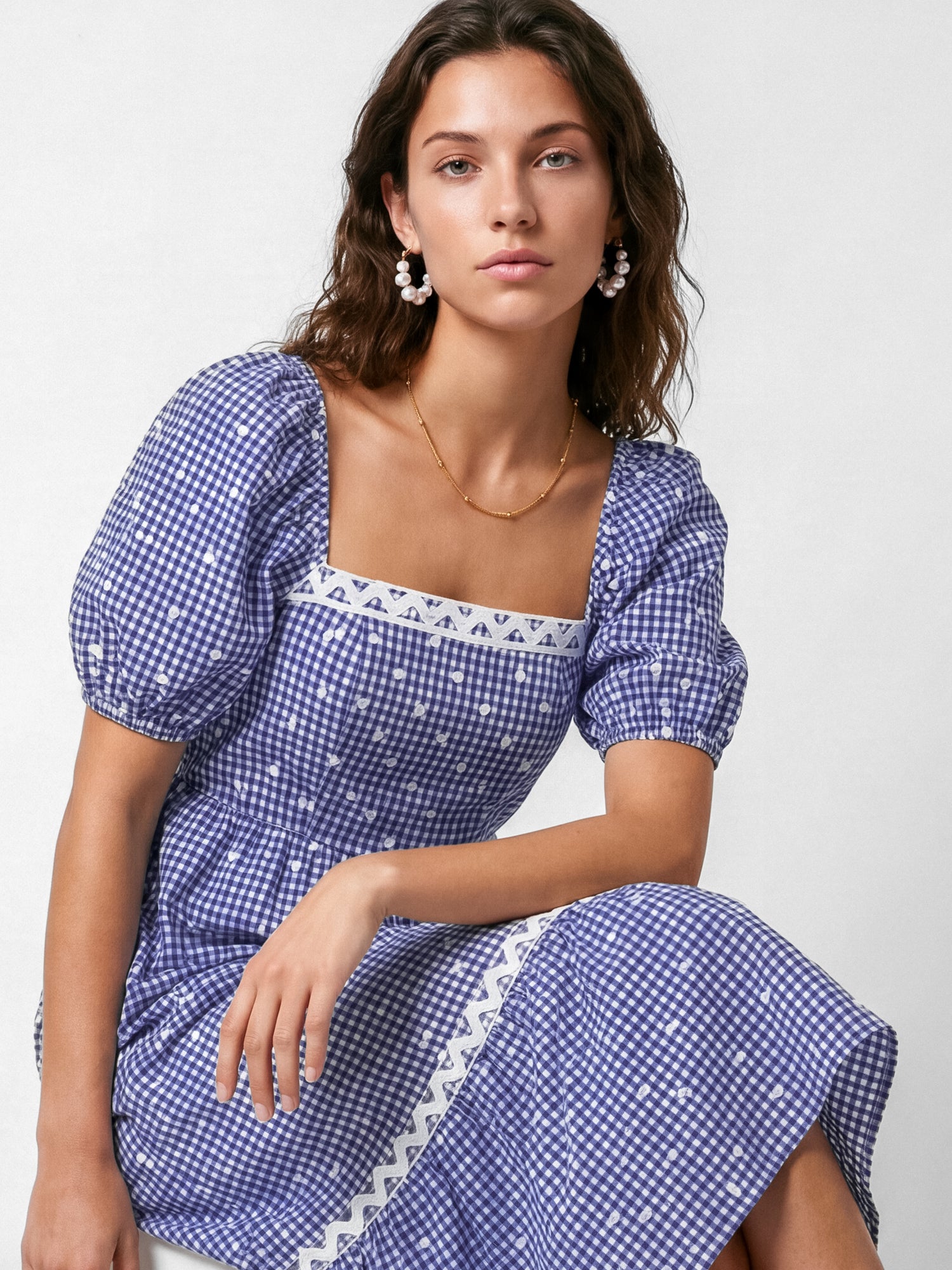 Lovedrobe Blue Gingham & Polka Dot Short Sleeve Midaxi Dress