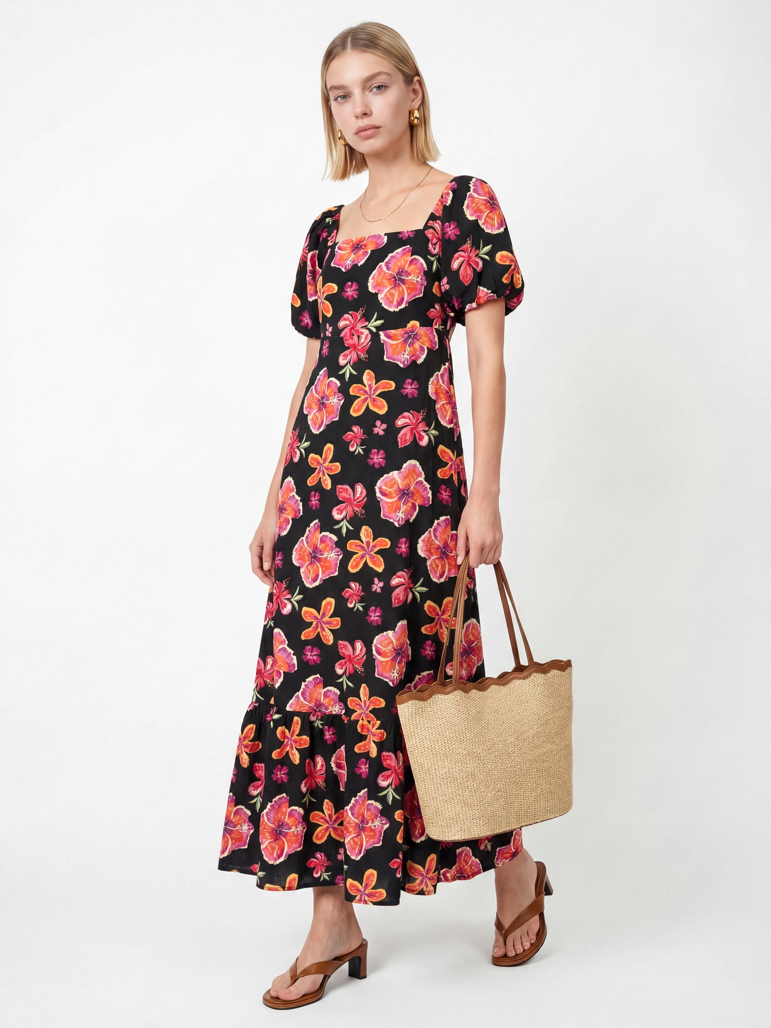 Lovedrobe Floral Print Square Neck Short Sleeve Maxi Dress with Pockets