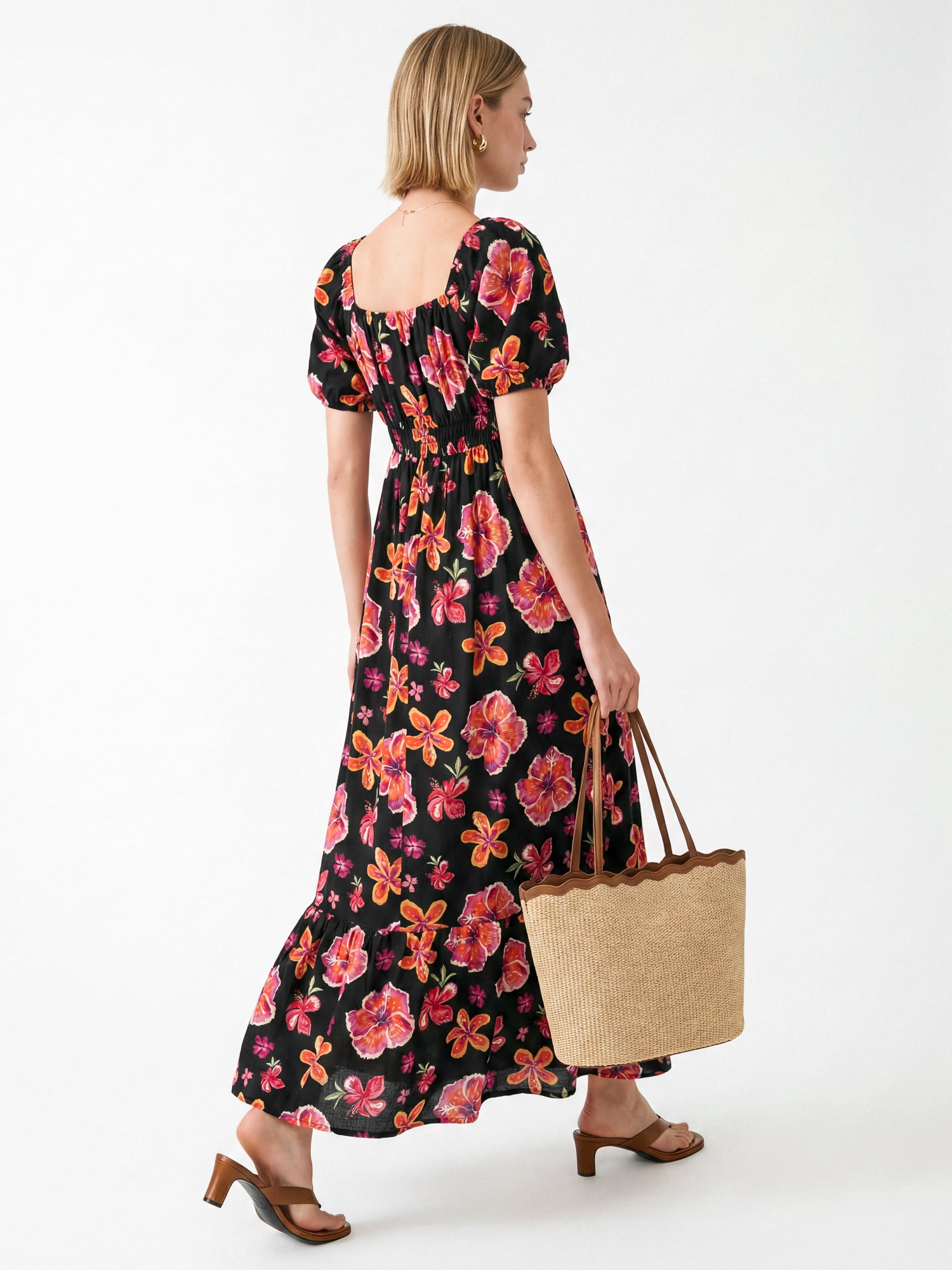 Lovedrobe Floral Print Square Neck Short Sleeve Maxi Dress with Pockets