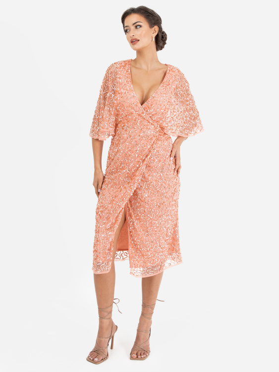 Maya Apricot Fully Embellished Faux Wrap Midi Dress - STRAIGHT