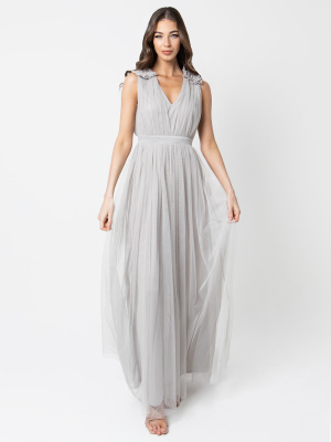 Maya Soft Grey Maxi Dress with Ruffle Shoulder Detail - STRAIGHT SIZE Wholesale Pack