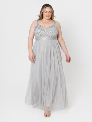 Maya Soft Grey Sleeveless Stripe Embellished Maxi Dress - PLUS SIZE Wholesale Pack