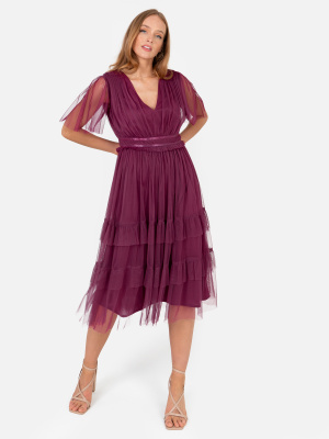 Anaya With Love Recycled Plum Midi Dress with Ruffle and Satin Band Detail - STRAIGHT SIZE Wholesale Pack