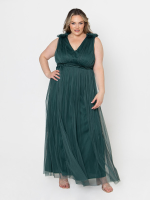 Maya Emerald Green Maxi Dress With Ruffle Shoulder Detail - PLUS SIZE Wholesale Pack