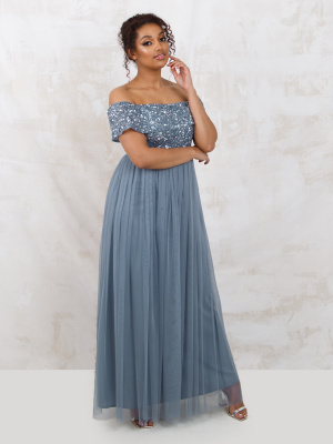 Maya Dusty Blue Bardot Embellished Maxi Dress - Wholesale Pack