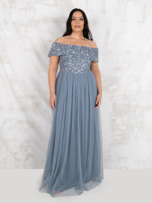 Maya Dusty Blue Bardot Embellished Maxi Dress - PLUS SIZE Wholesale Pack