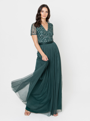 Maya Emerald Green Stripe Embellished Maxi Dress With Sash Belt - STRIGHT SIZE Wholesale Pack