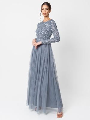 Maya Dusty Blue Embellished Long Sleeve Maxi Dress - STRAIGHT SIZE Wholesale Pack