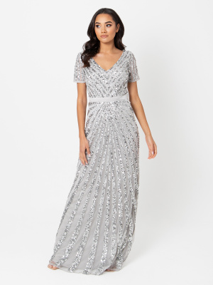 Maya Soft Grey Short Sleeve Stripe Embellished Maxi Dress - Wholesale Pack
