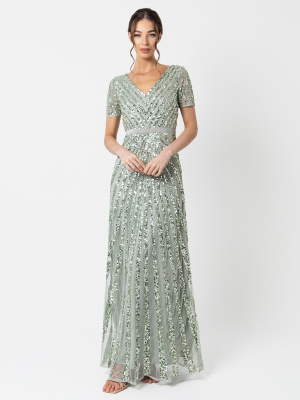 Maya Sage Green Short Sleeve Stripe Embellished Maxi Dress - STRIAGHT SIZE Wholesale Pack