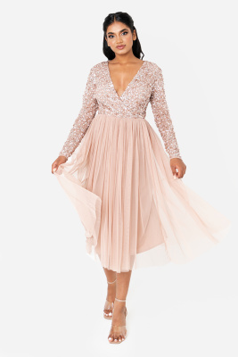 Maya Taupe Blush Faux Wrap Front Embellished Midi Dress - STRAIGHT SIZE Wholesale Pack
