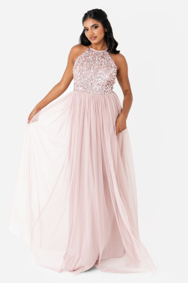 Maya Frosted Pink Embellished Halter Neck Pink Maxi Dress - STRAIGHT SIZE Wholesale Pack