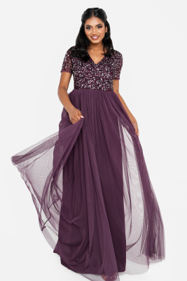 Maya Berry V Neckline Embellished Maxi Dress - STRAIGHT SIZE Wholesale Pack