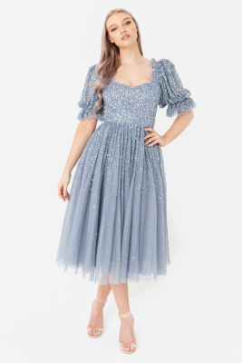 Maya Dusty Blue Embellished Midi Dress with Frill Detail - STRAIGHT SIZE Wholesale Pack