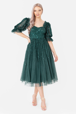Maya Emerald Green Embellished Midi Dress with Frill Detail - STRAIGHT SIZE Wholesale Pack