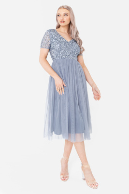 Maya Dusty Blue V Neckline Embellished Midi Dress - Wholesale Pack