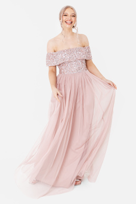Maya Frosted Pink Bardot Embellished Maxi Dress - STRAIGHT SIZE Wholesale Pack