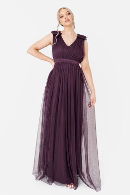 Maya Berry Maxi Dress with Ruffle Shoulder Detail - STRAIGHT SIZE Wholesale Pack